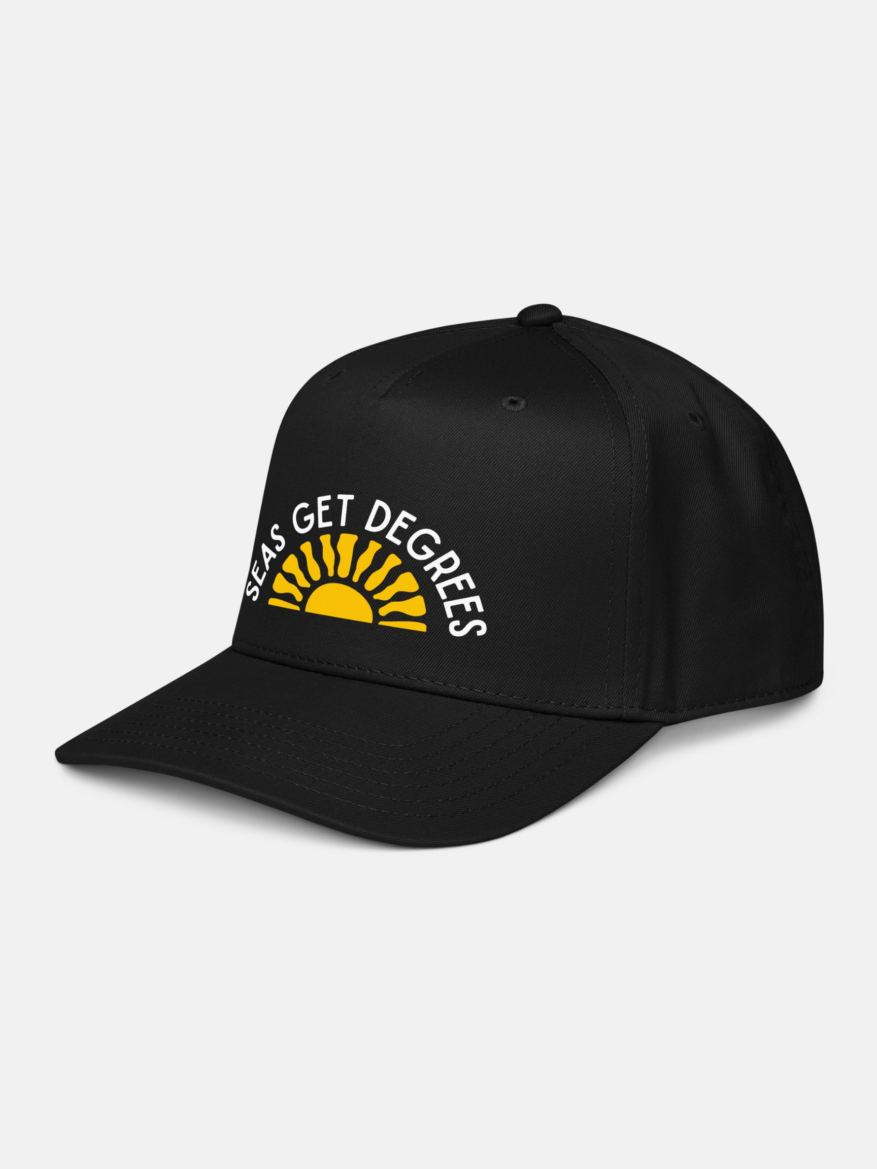 Golden Tide Snapback front left view in black — Seas Get Degrees coastal hat