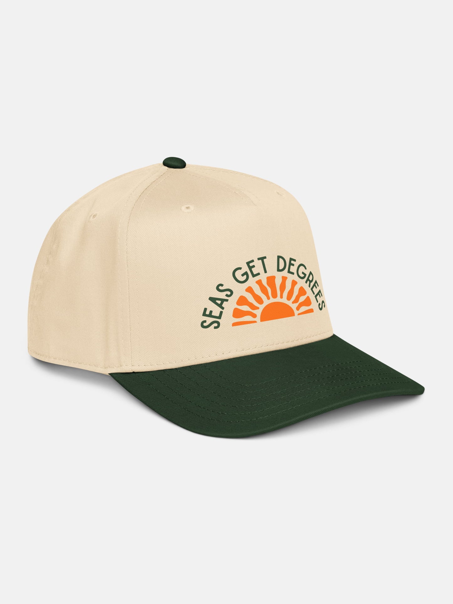 Golden Tide Snapback front right view in green and natural — Seas Get Degrees