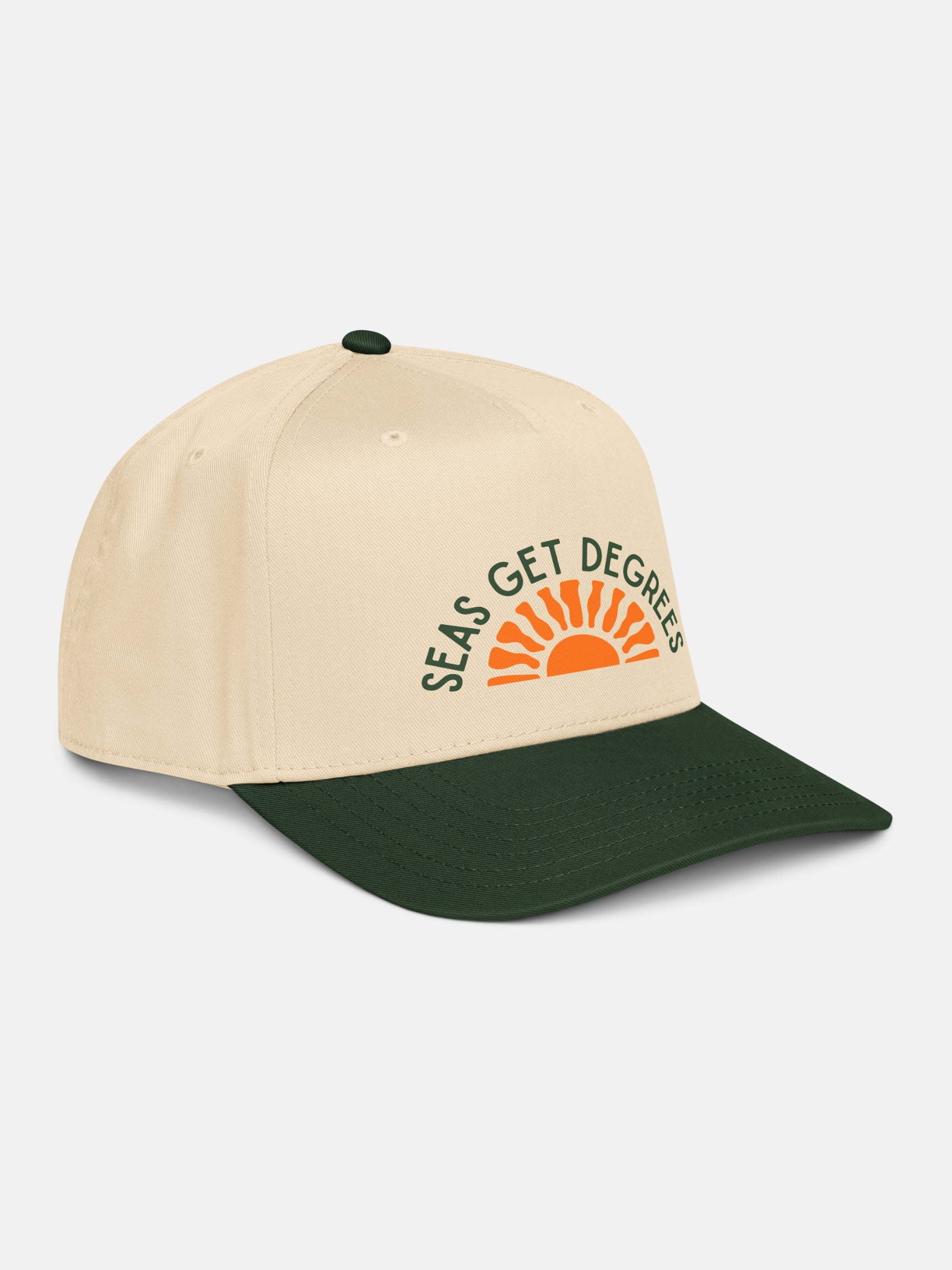 Golden Tide Snapback front right view in green and natural — Seas Get Degrees