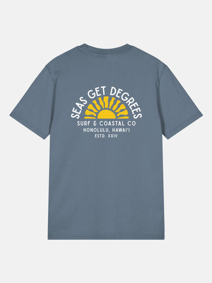 Golden Tide Tee back view in deep teal — Seas Get Degrees coastal graphic tee
