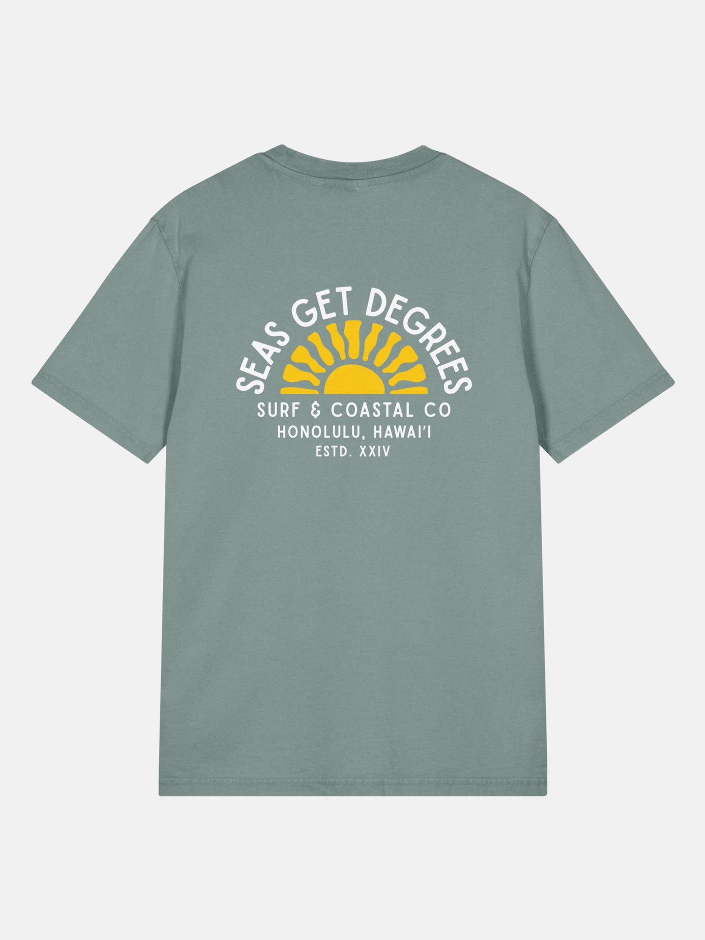 Golden Tide Tee back view in green bay — Seas Get Degrees coastal graphic tee