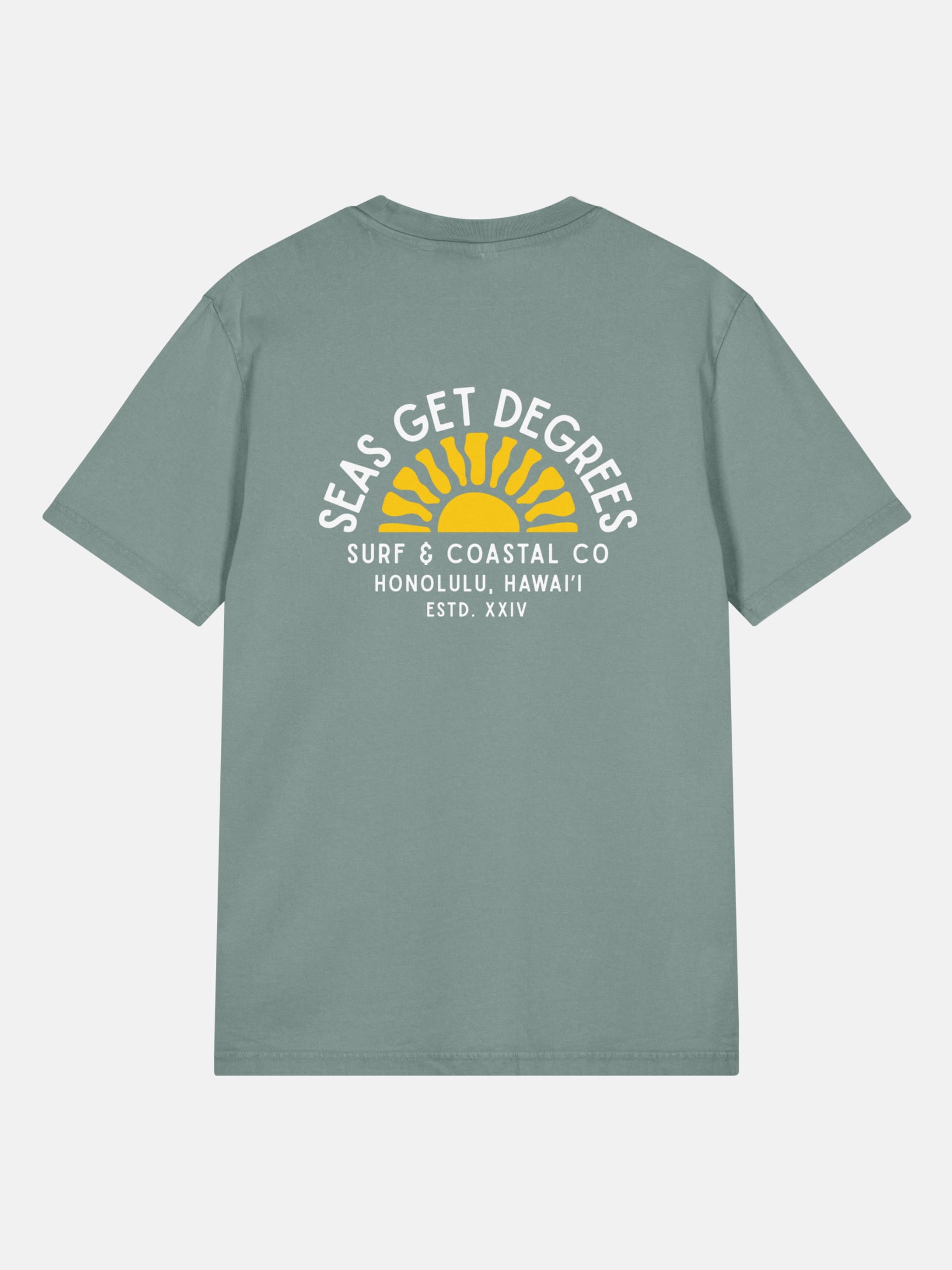 Golden Tide Tee back view in green bay — Seas Get Degrees coastal graphic tee