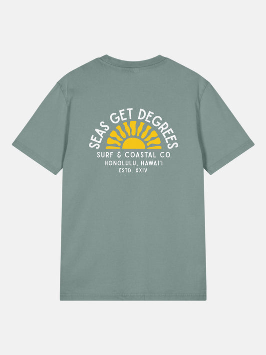 Golden Tide Tee back view in green bay — Seas Get Degrees coastal graphic tee