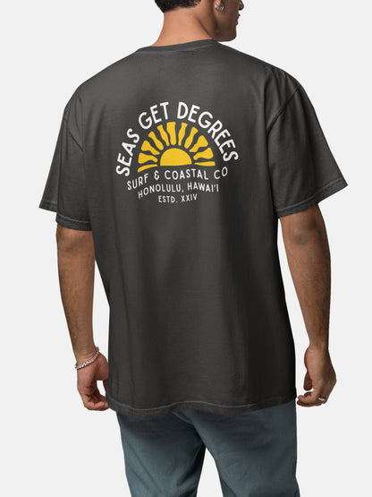 Model wearing Golden Tide Tee back in black rock — Seas Get Degrees men's coastal tee