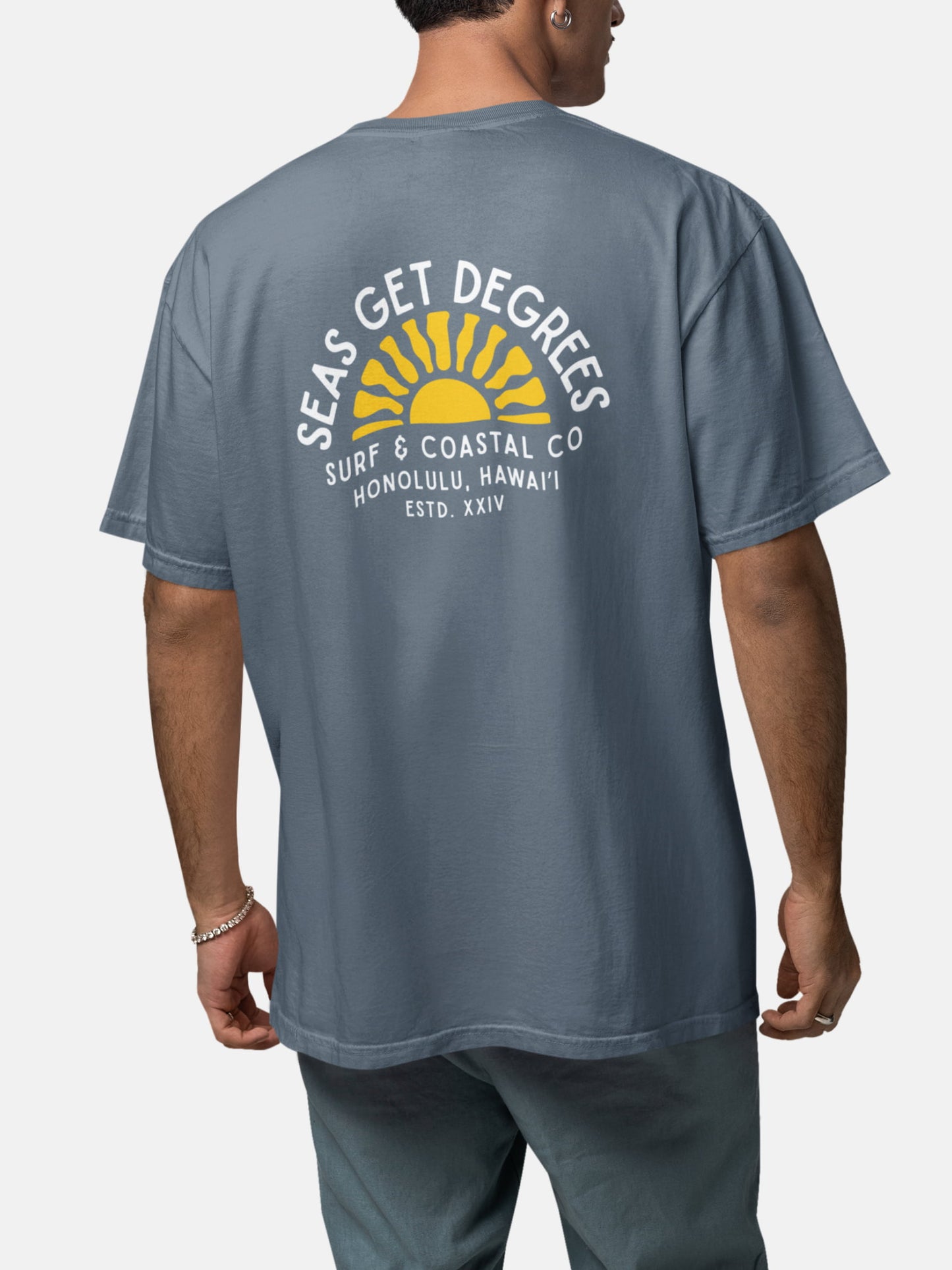 Model wearing Golden Tide Tee back in deep teal — Seas Get Degrees men's coastal tee