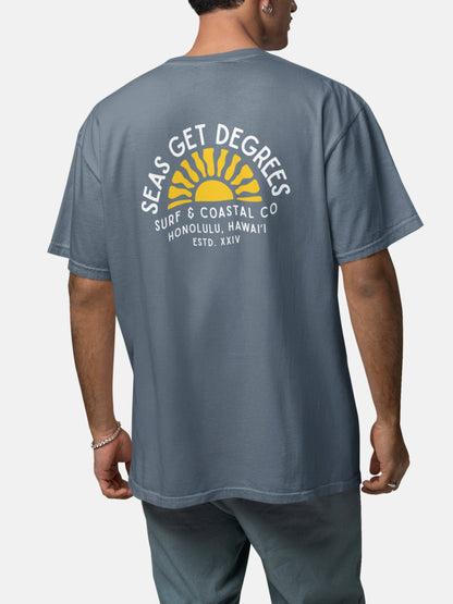 Model wearing Golden Tide Tee back in deep teal — Seas Get Degrees men's coastal tee