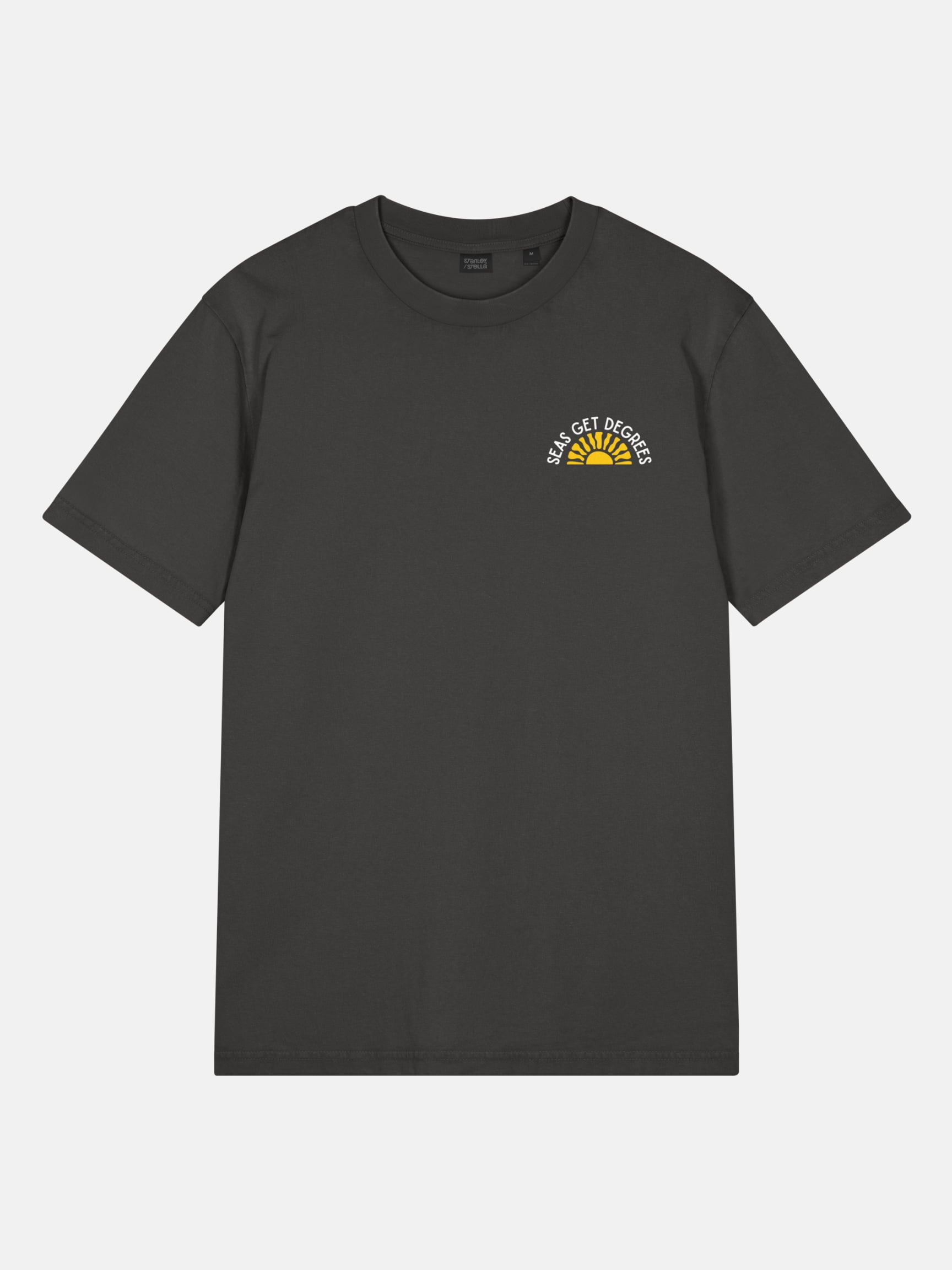 Golden Tide Tee front view in black rock — Seas Get Degrees coastal graphic tee