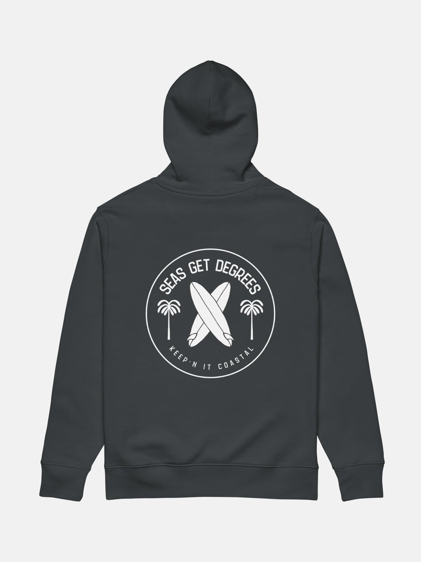 Keepn' Coastal Cruiser Hoodie flat lay back in indian ink grey — Seas Get Degrees