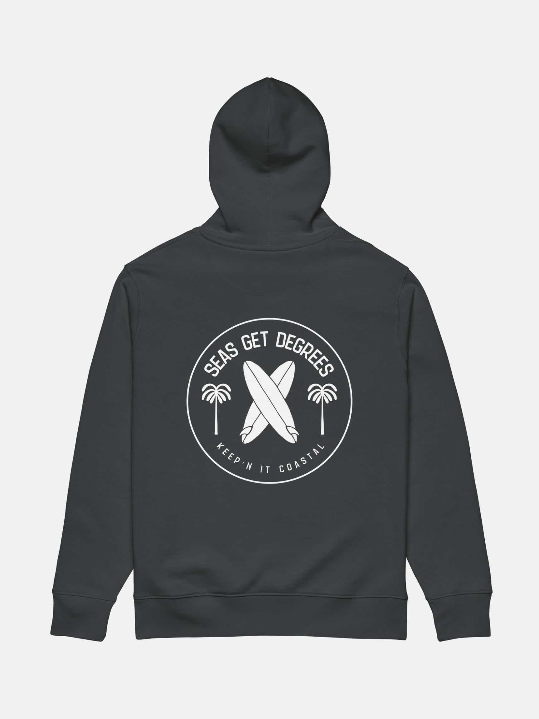 Keepn' Coastal Cruiser Hoodie flat lay back in indian ink grey — Seas Get Degrees