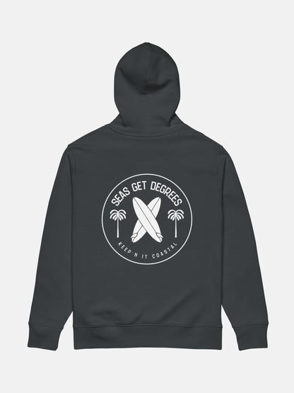 Keepn' Coastal Cruiser Hoodie flat lay back in indian ink grey — Seas Get Degrees