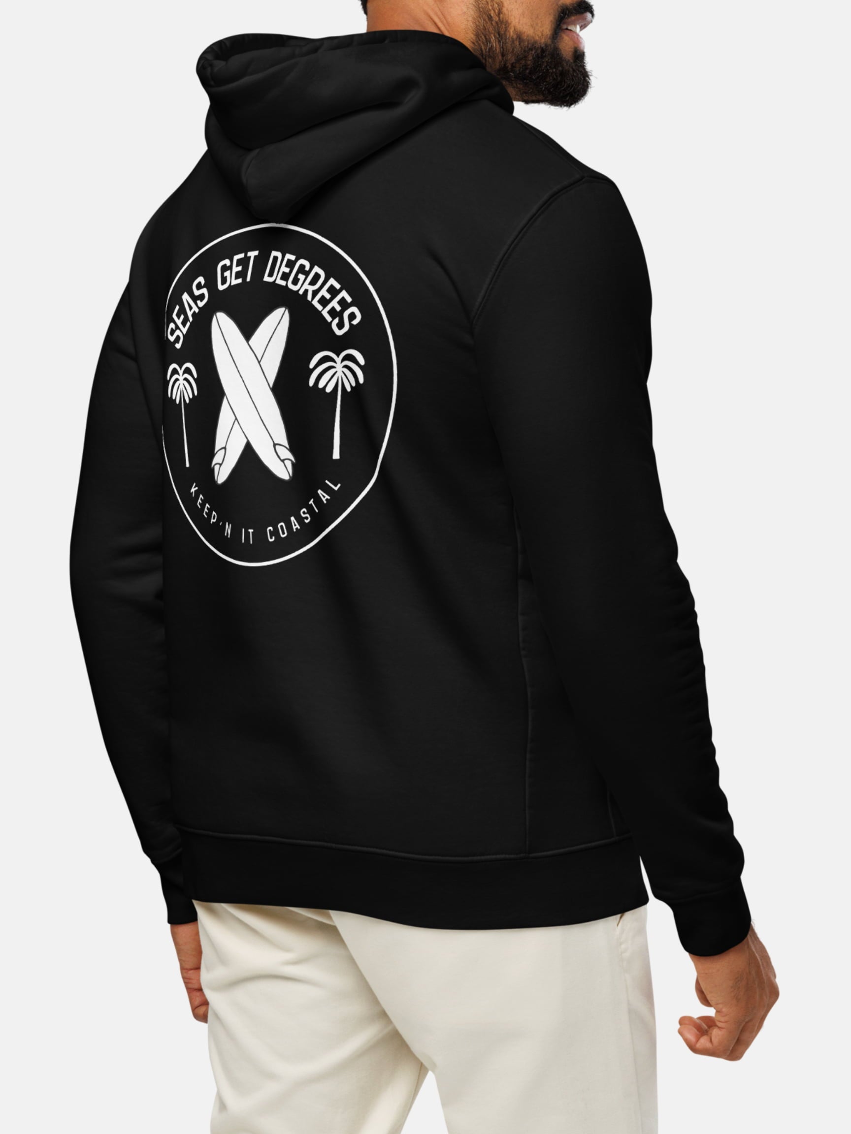 Model wearing Keepn' Coastal Cruiser Hoodie back in black — Seas Get Degrees men's coastal hoodie