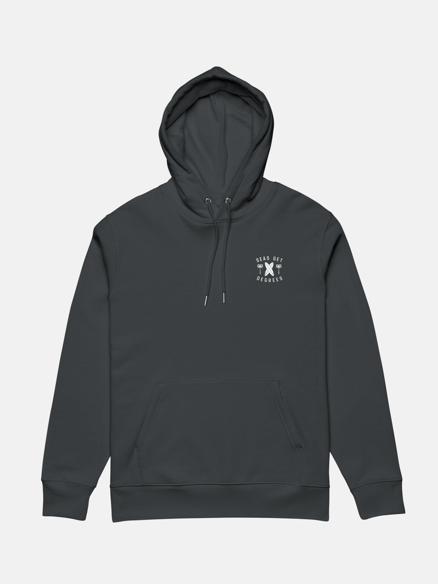 Keepn' Coastal Cruiser Hoodie flat lay front in indian ink grey — Seas Get Degrees