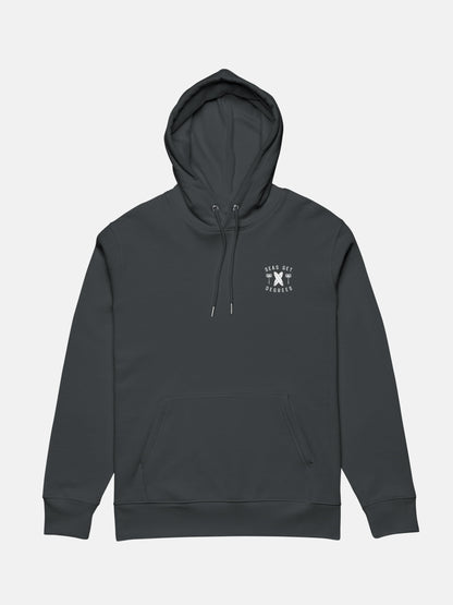 Keepn' Coastal Cruiser Hoodie flat lay front in indian ink grey — Seas Get Degrees