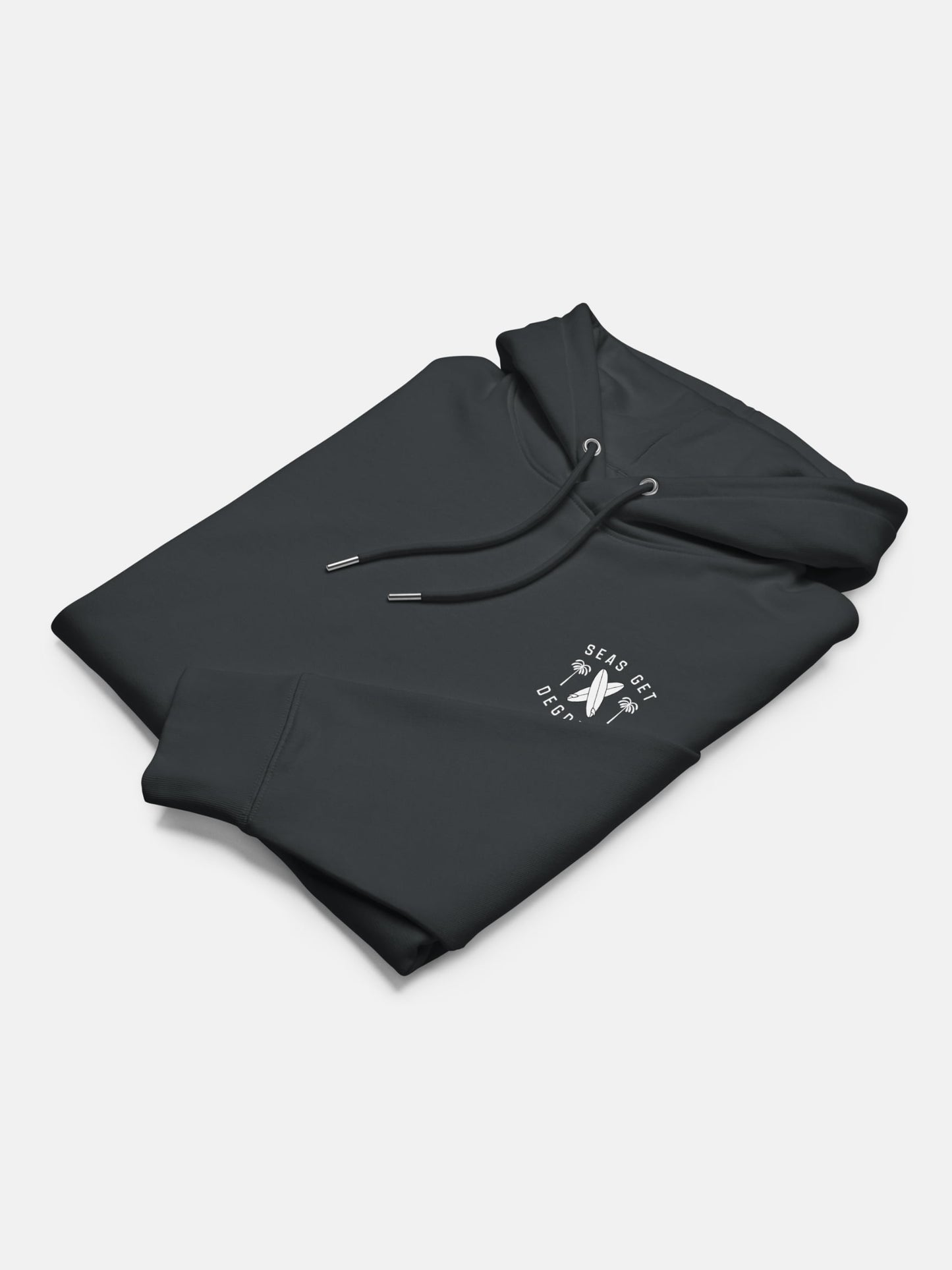 Keepn' Coastal Cruiser Hoodie folded flat lay in indian ink grey — Seas Get Degrees
