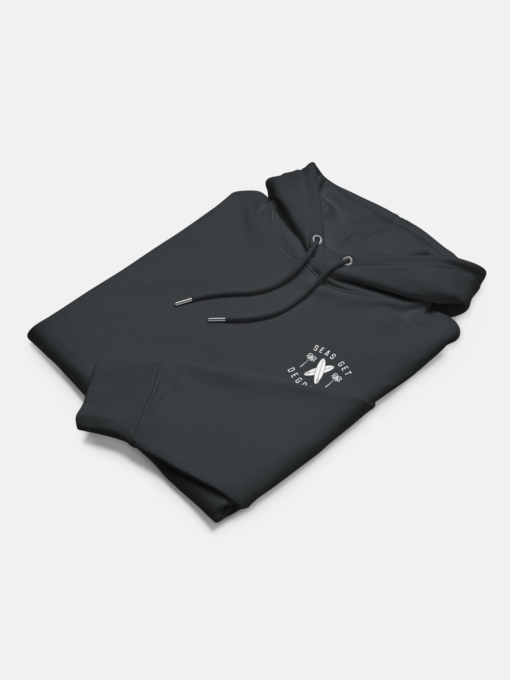 Keepn' Coastal Cruiser Hoodie folded flat lay in indian ink grey — Seas Get Degrees