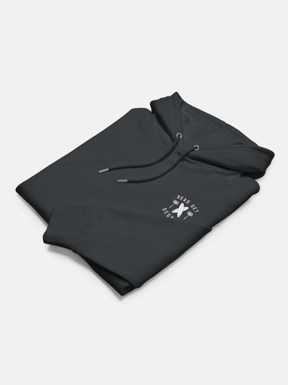 Keepn' Coastal Cruiser Hoodie folded flat lay in indian ink grey — Seas Get Degrees