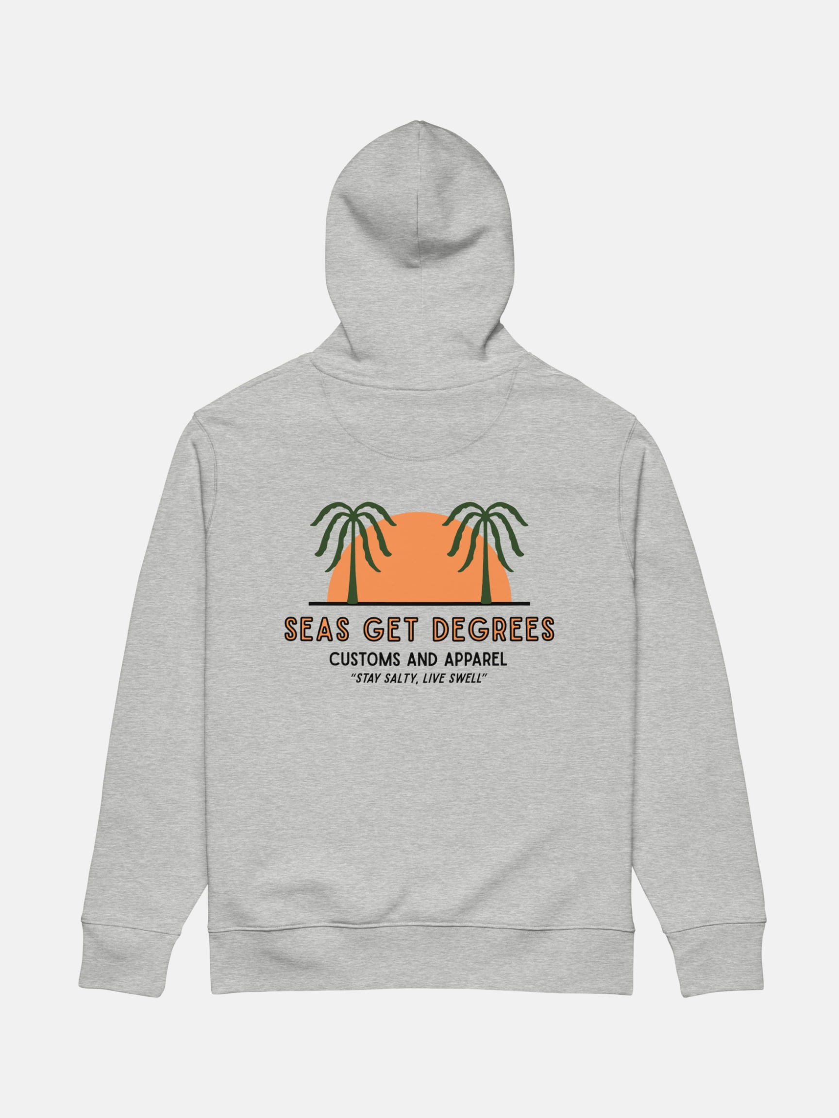 Live Swell Cruiser Hoodie flat lay back in heather grey — Seas Get Degrees