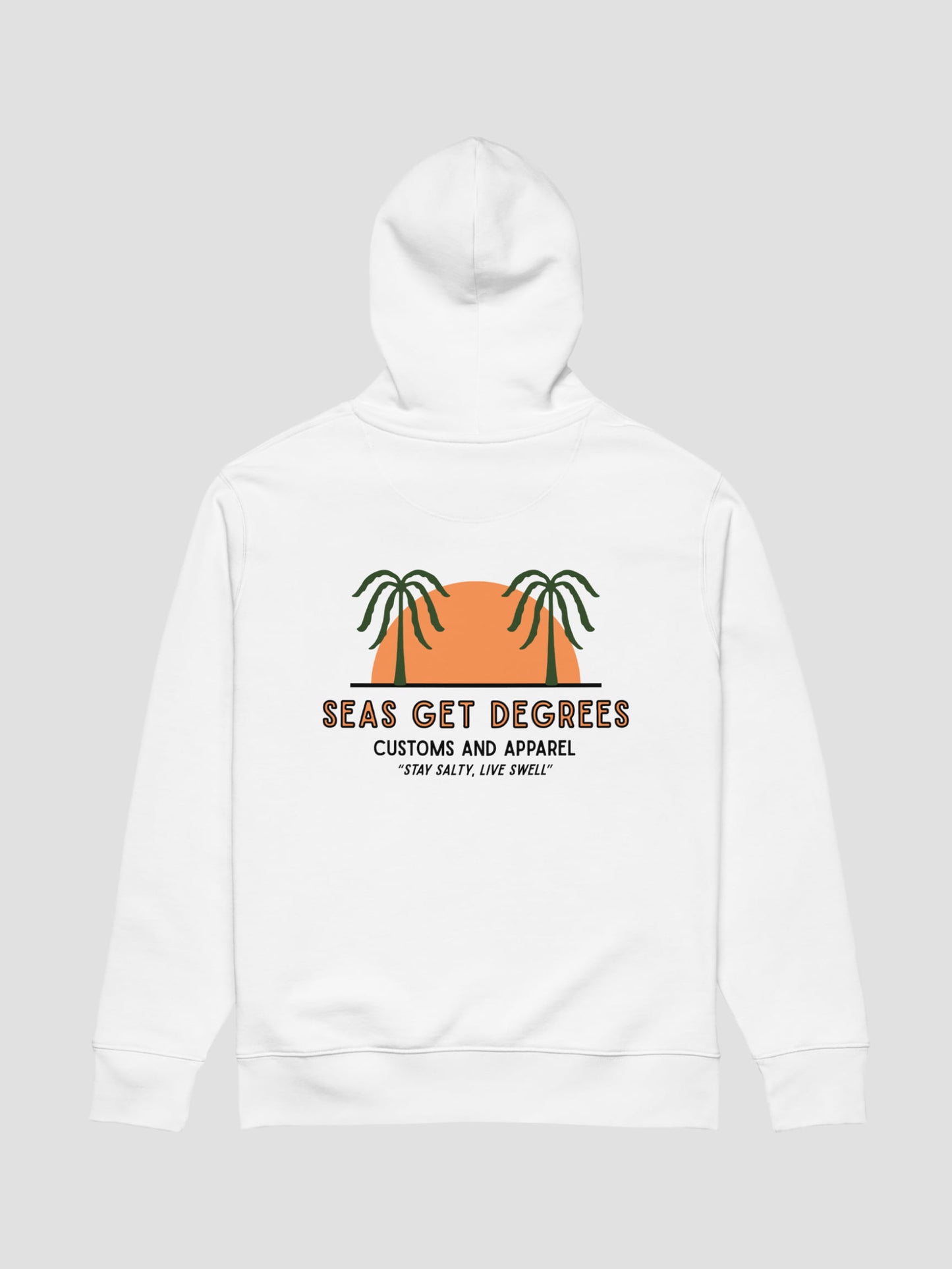 Live Swell Cruiser Hoodie flat lay back in white — Seas Get Degrees