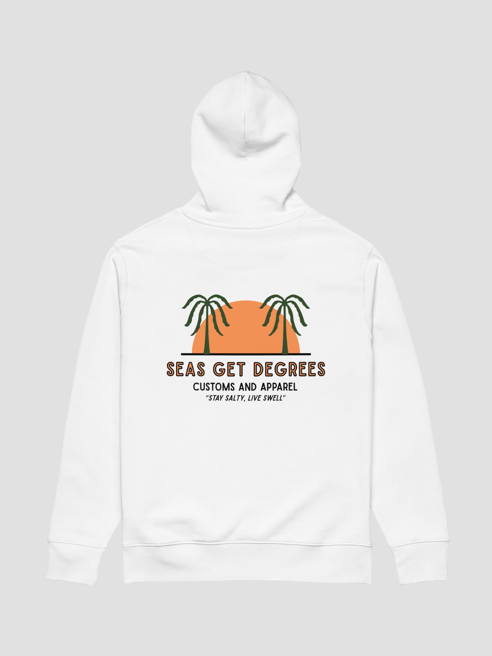 Live Swell Cruiser Hoodie flat lay back in white — Seas Get Degrees