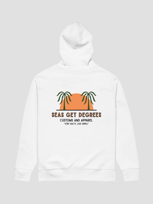 Live Swell Cruiser Hoodie flat lay back in white — Seas Get Degrees