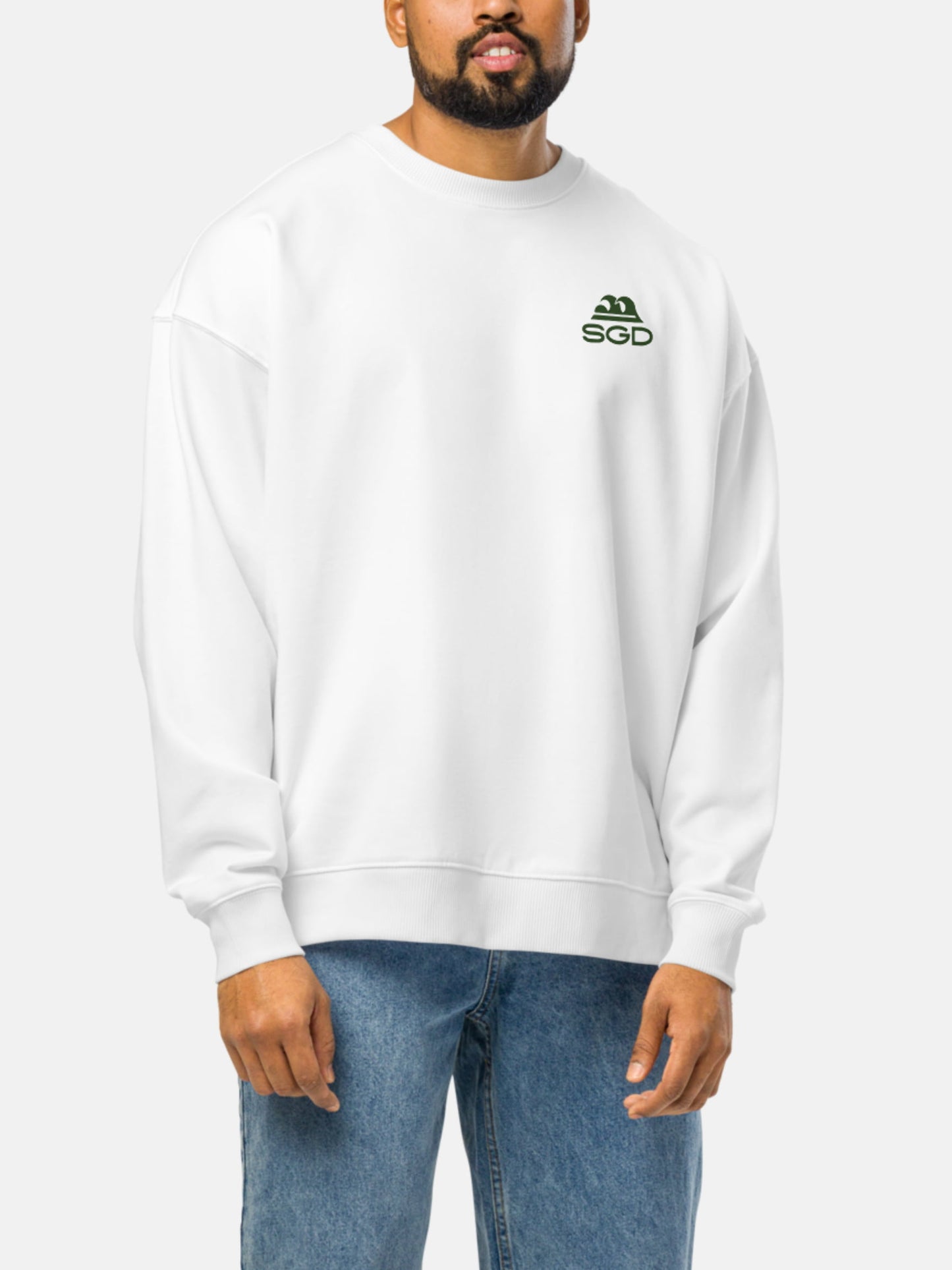 Model wearing Live Swell Oversized Sweatshirt front in white — Seas Get Degrees men's coastal sweatshirt