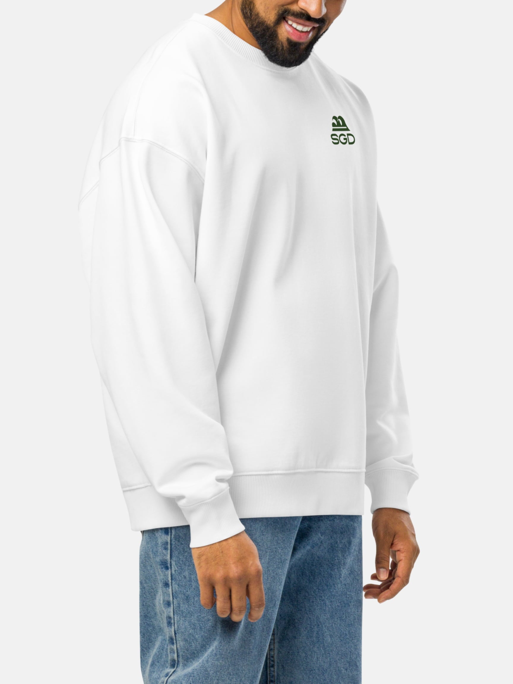 Model wearing Live Swell Oversized Sweatshirt front side in white — Seas Get Degrees men's coastal sweatshirt