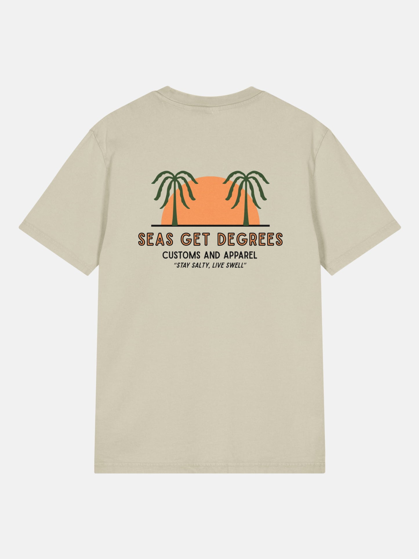 Live Swell Tee back view in stone — Seas Get Degrees coastal graphic tee
