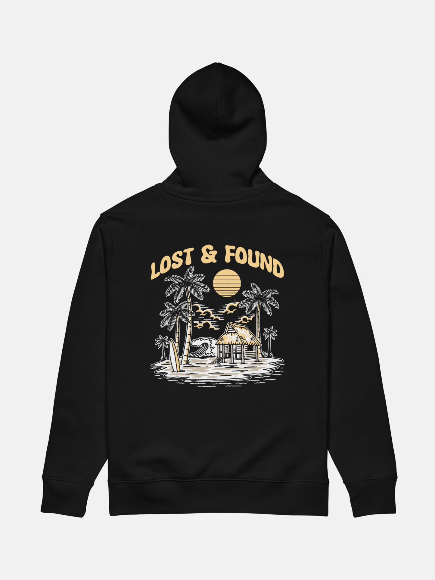 Lost and Found Cruiser Hoodie flat lay back in black — Seas Get Degrees