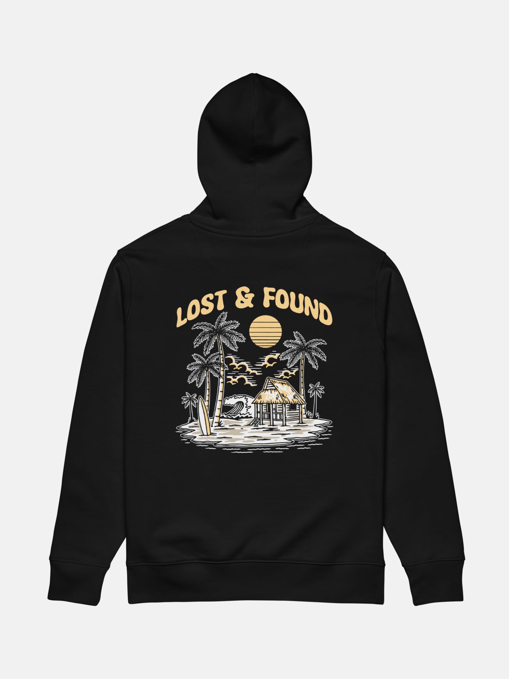 Lost and Found Cruiser Hoodie flat lay back in black — Seas Get Degrees