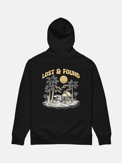 Lost and Found Cruiser Hoodie flat lay back in black — Seas Get Degrees