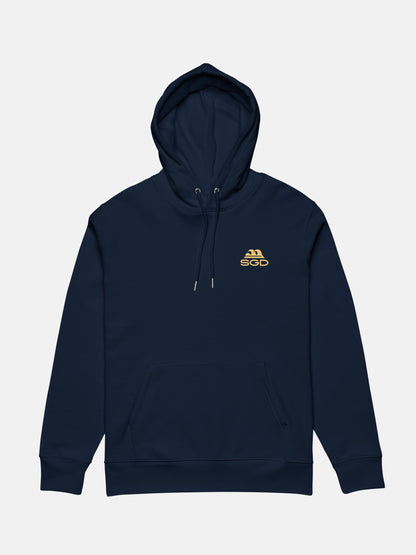 Lost and Found Cruiser Hoodie flat lay front in french navy — Seas Get Degrees