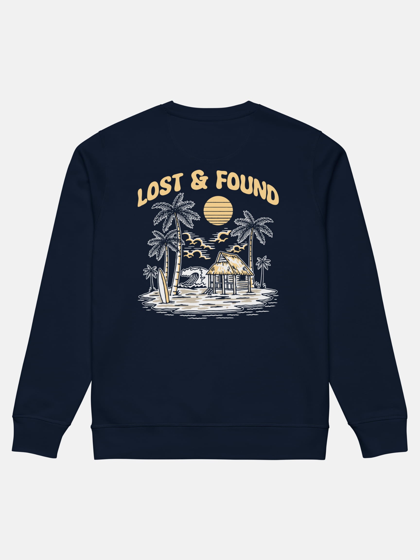 Lost and Found Roller Sweatshirt flat lay back in french navy — Seas Get Degrees