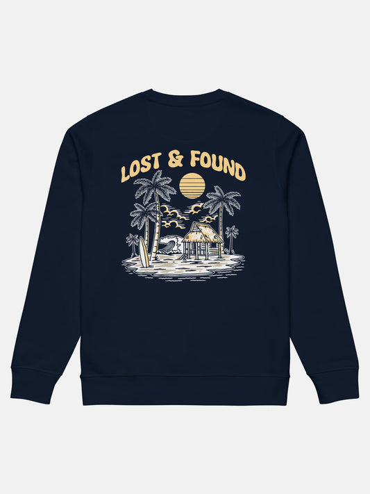 Lost and Found Roller Sweatshirt flat lay back in french navy — Seas Get Degrees