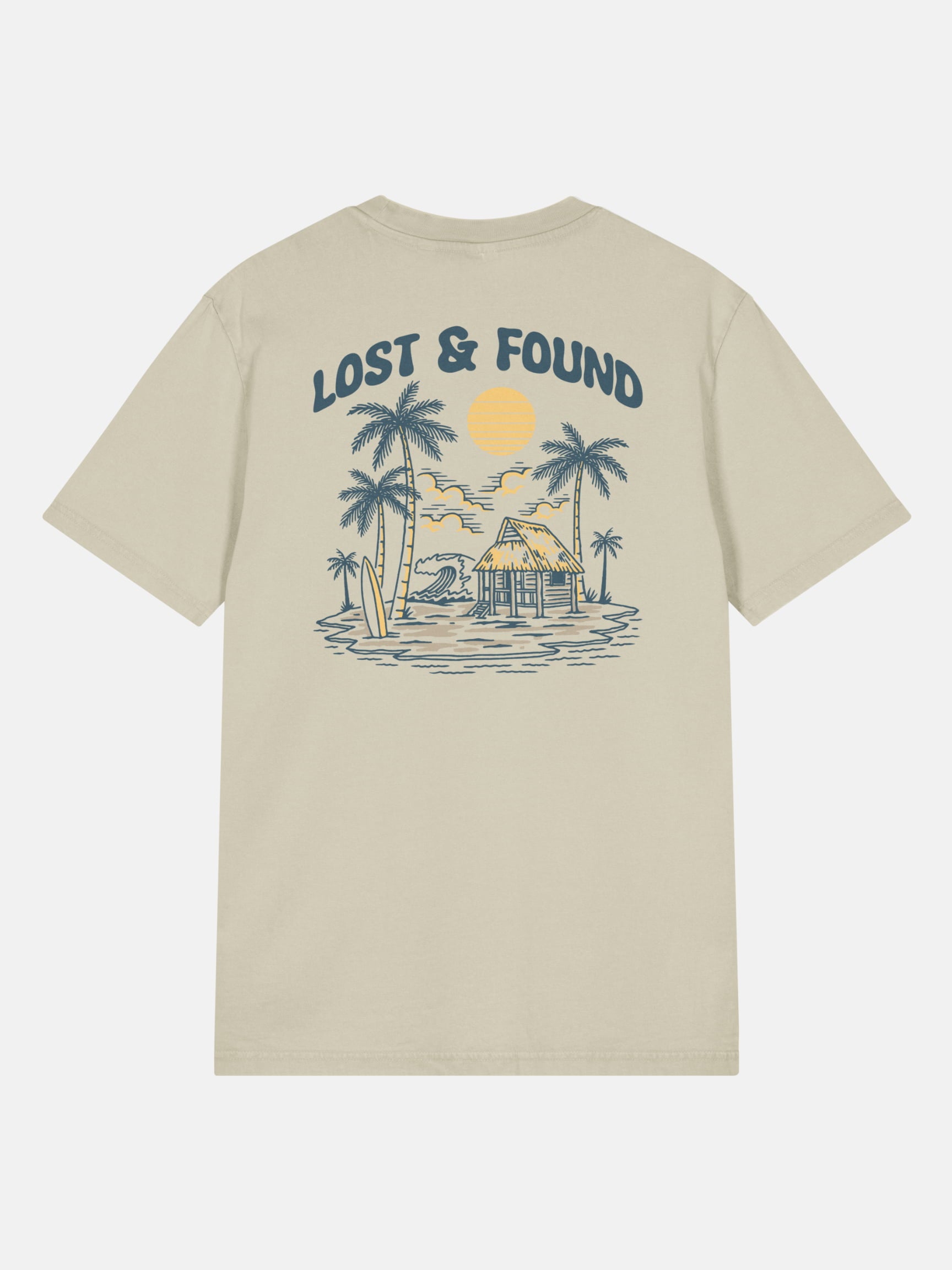 Lost and Found Tee back view in stone — Seas Get Degrees coastal graphic tee