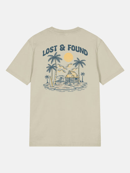 Lost and Found Tee back view in stone — Seas Get Degrees coastal graphic tee