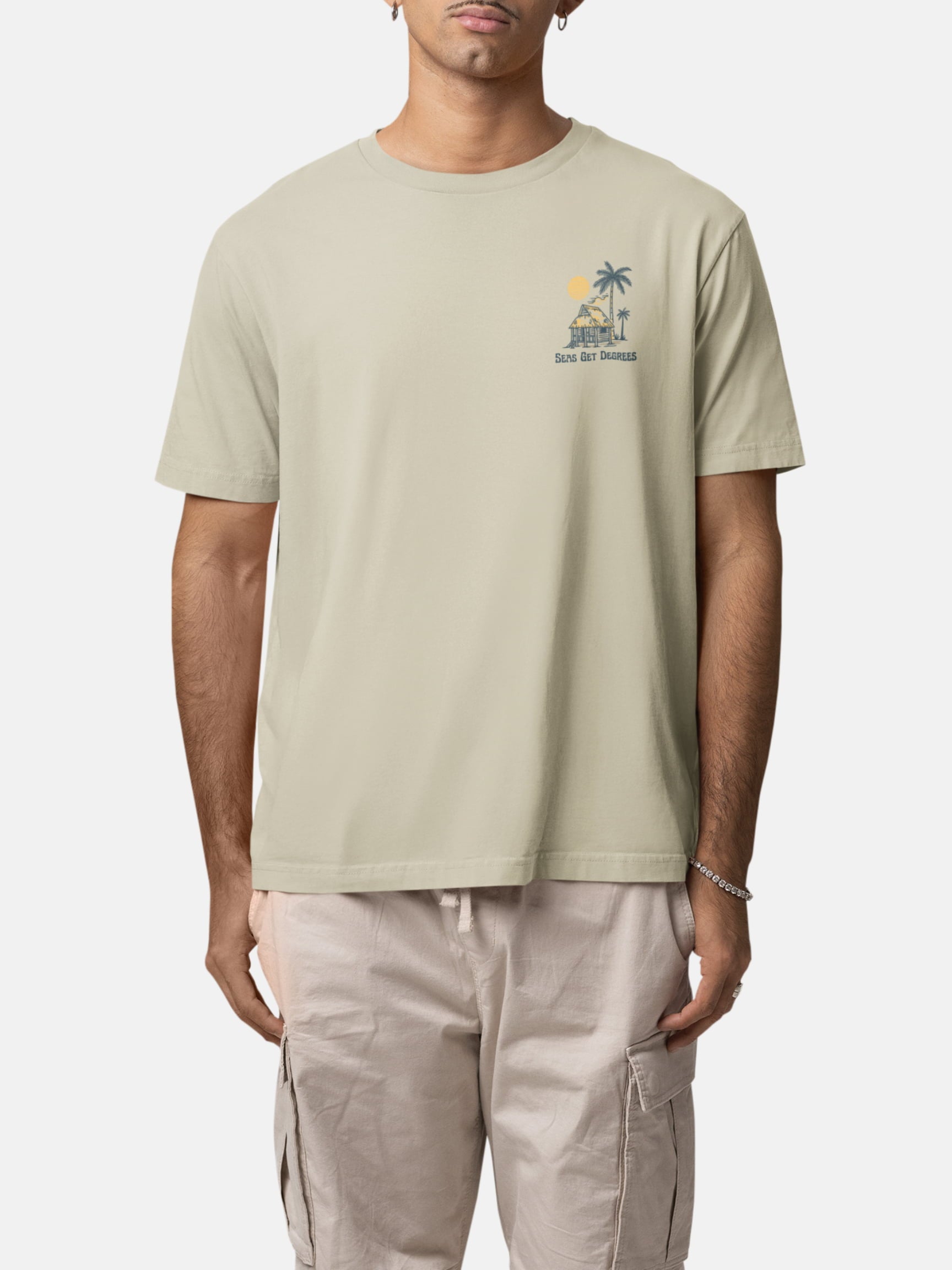 Model wearing Lost and Found Tee front in stone — Seas Get Degrees men's coastal tee