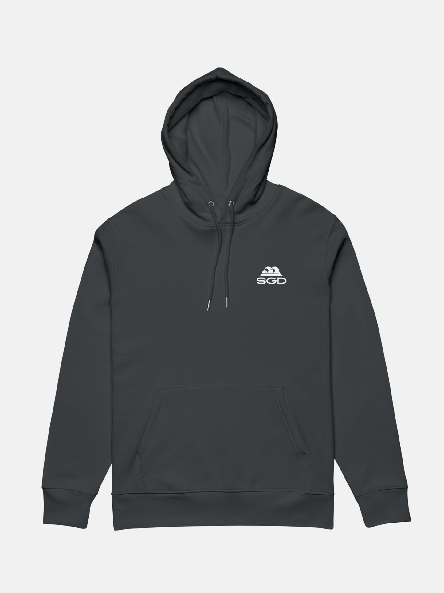 OG SGD Cruiser Hoodie flat lay front in indian ink grey — Seas Get Degrees
