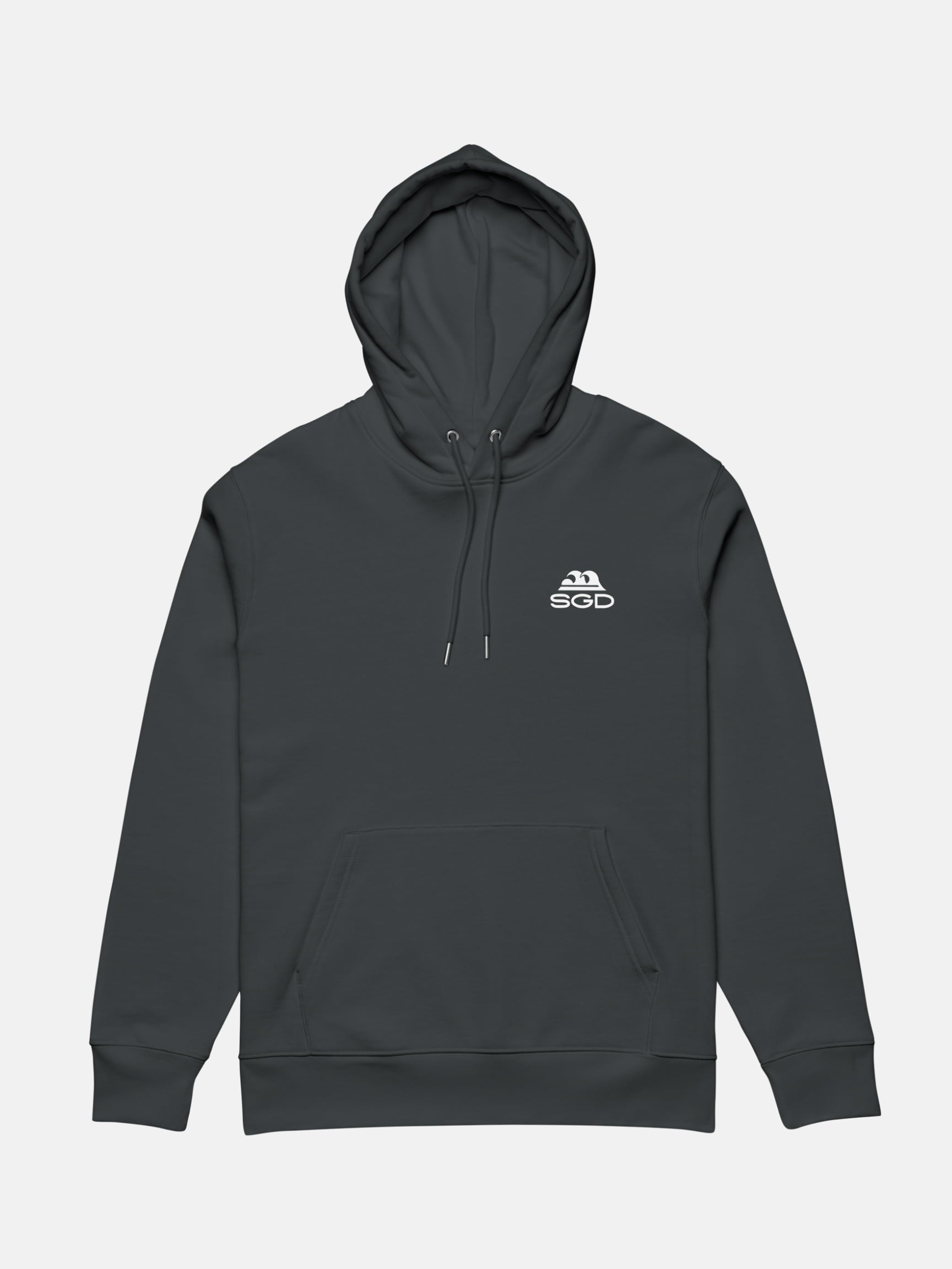 OG SGD Cruiser Hoodie flat lay front in indian ink grey — Seas Get Degrees