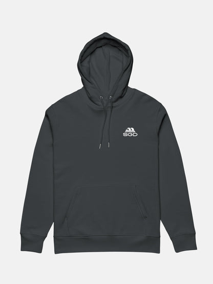 OG SGD Cruiser Hoodie flat lay front in indian ink grey — Seas Get Degrees