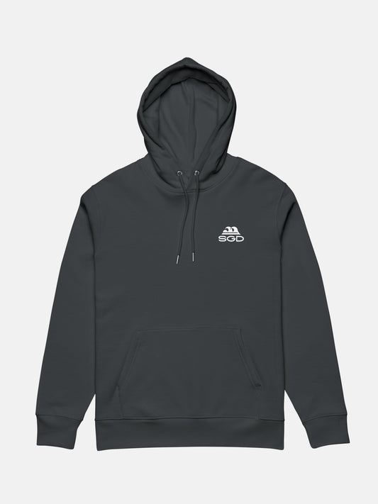 OG SGD Cruiser Hoodie flat lay front in indian ink grey — Seas Get Degrees