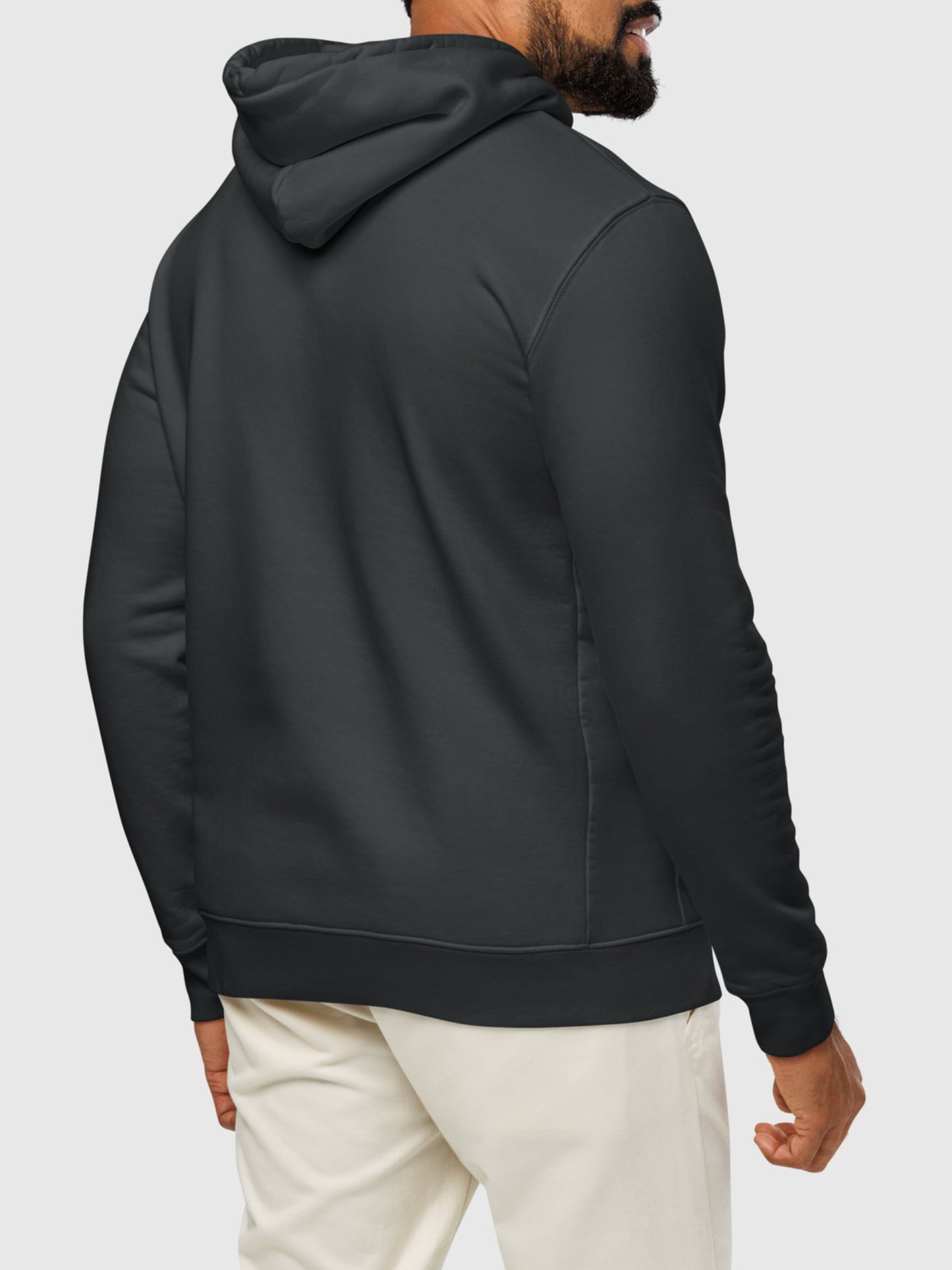 Model wearing OG SGD Cruiser Hoodie back in indian ink grey — Seas Get Degrees men's coastal hoodie