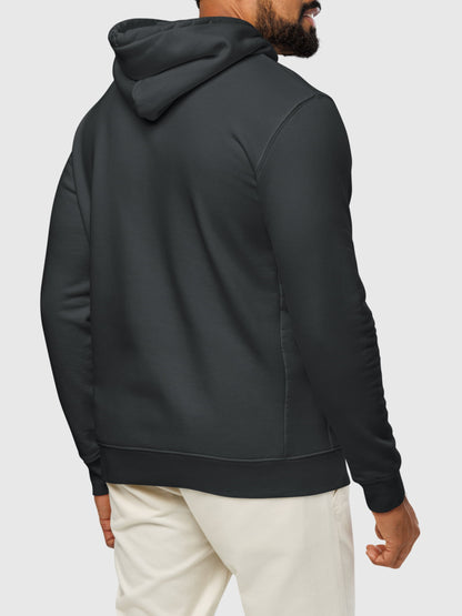 Model wearing OG SGD Cruiser Hoodie back in indian ink grey — Seas Get Degrees men's coastal hoodie