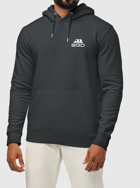 Model wearing OG SGD Cruiser Hoodie front in indian ink grey — Seas Get Degrees men's coastal hoodie