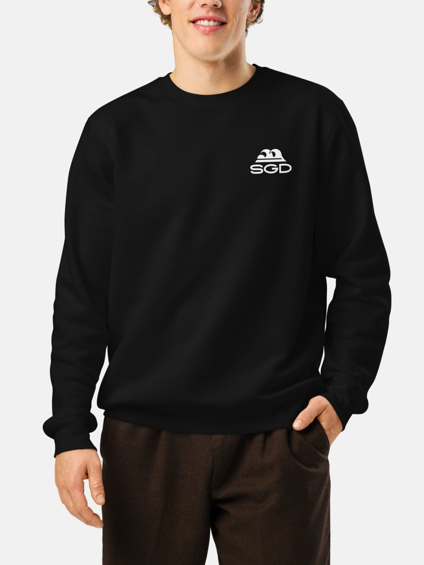 Model wearing OG SGD Roller Sweatshirt front in black — Seas Get Degrees men's coastal sweatshirt