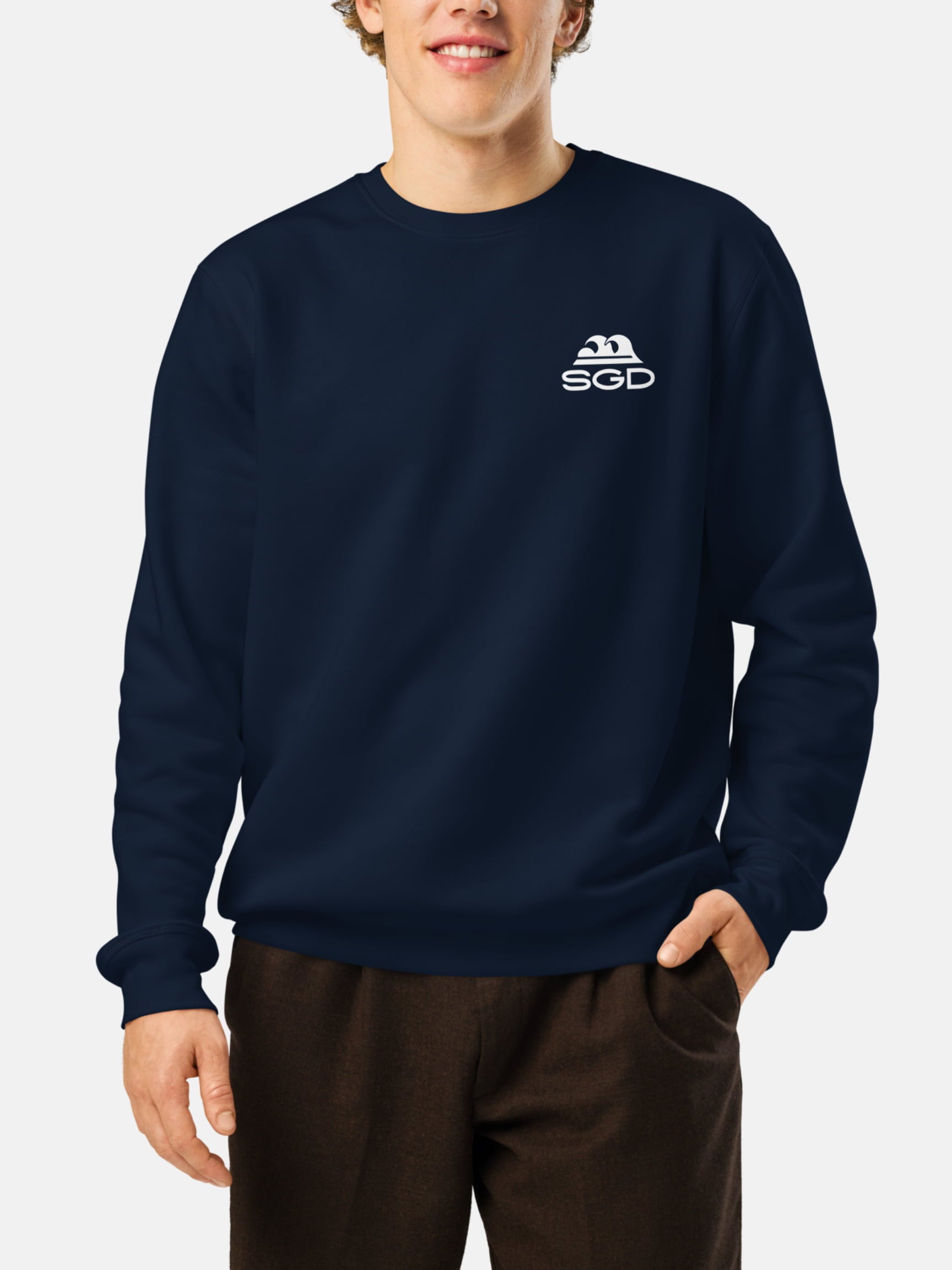 Model wearing OG SGD Roller Sweatshirt front in french navy — Seas Get Degrees men's coastal sweatshirt