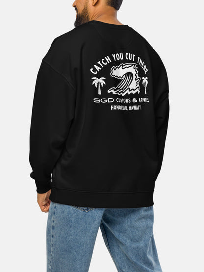 Model wearing Out There Oversized Sweatshirt back in black — Seas Get Degrees men's coastal sweatshirt