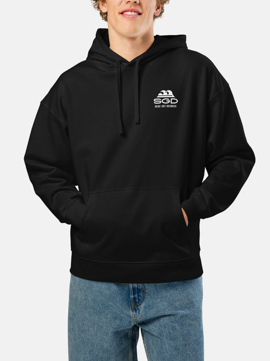 Model wearing Seas Get Degrees Oversized Hoodie front in black — Seas Get Degrees men's coastal hoodie