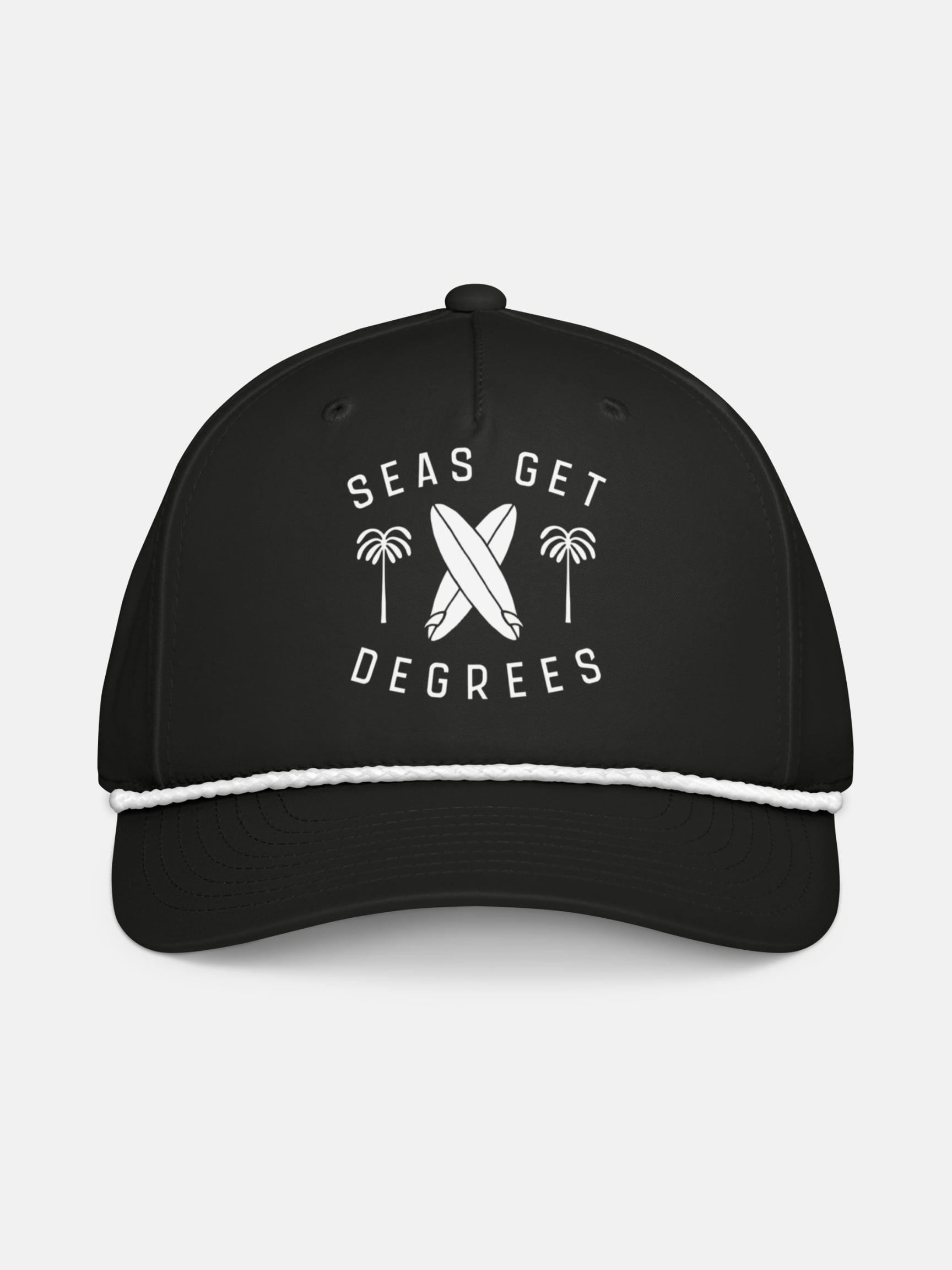 Retro Rider Rope Hat front view in black and white — Seas Get Degrees coastal hat