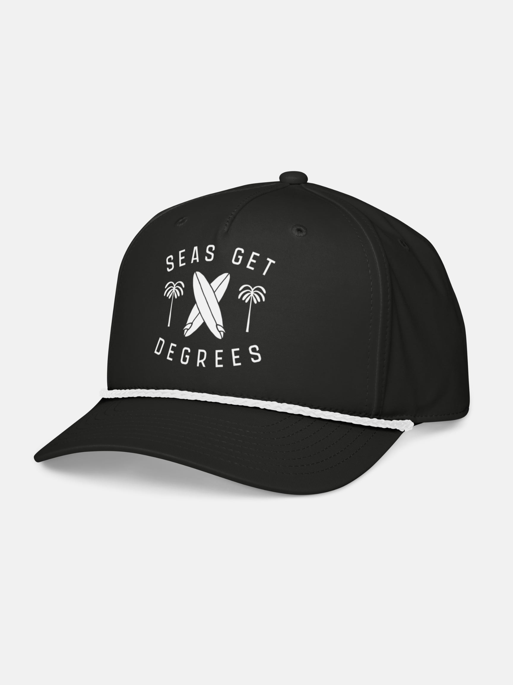 Retro Rider Rope Hat front left view in black and white — Seas Get Degrees coastal hat