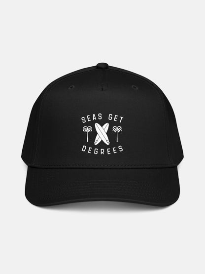 Retro Rider Snapback front view in black — Seas Get Degrees coastal hat